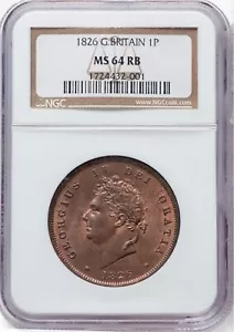 GREAT BRITAIN GEORGE IV 1826 1 PENNY COIN UNCIRCULATED, NGC CERTIFIED MS64-RB - Picture 1 of 4
