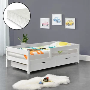 Kinderbett mit Matratze 90x200cm Juniorbett Rausfallschutz Bettkasten Bett Weiß - Bild 1 von 7