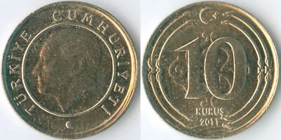 Turkey 2011 10 Kurus KM# 1241 Brass Atatürk Turkish Crescent Value Rumi Motif - Image 1 of 3