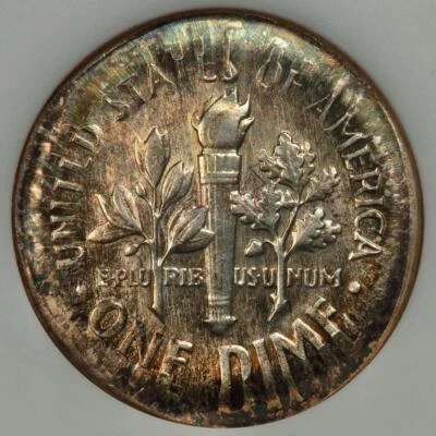 1964 ANACS MS64 Double Struck Broadstruck Silver Dime Mint Error Rainbow Toned - Image 1 of 4