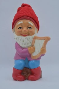 Vintage Ceramic Gnome Elf with Harp Musician Red Knit Hat - Made in Korea - Picture 1 of 14