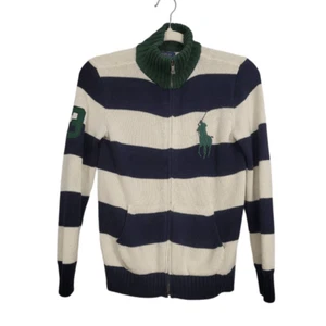 Polo Ralph Lauren Striped Knit Full Zip Sweater Sz M (10-12) Big Pony Logo Prepp - Picture 1 of 6
