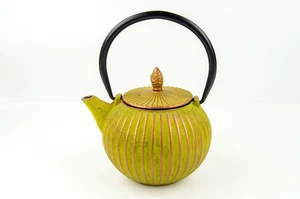 Green, Brass & Black Cast Iron "Ushirode Kyusu" Round Japanese Style Teapot - Picture 1 of 9