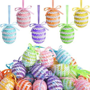 30 Pcs Easter Hanging Sequin Eggs- 1.6" Stripes Easter Eggs Ornaments with Bow- - Picture 1 of 12