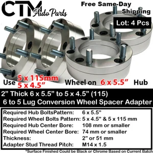 4x 2" 6x5.5" to 5x4.5"(5x115mm) Conversion Wheel Adapter Spacer 14x1.5 Chevy Car - Picture 1 of 4