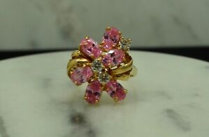 10K Yellow Gold pink & clear cz cluster cocktail ring band size 6.75