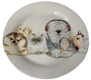 One Pier 1 Salad Bread Plate Ironstone 3 Cats 3 Dogs Tabby Sheepdog Headphones - Picture 1 of 8