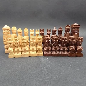 Classic Hand Carved Aztec Wood Chess Replacement Pieces Vintage Set - Picture 1 of 11