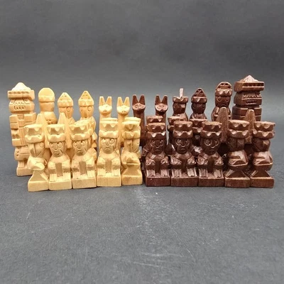 Classic Hand Carved Aztec Wood Chess Replacement Pieces Vintage Set - Image 1 of 4