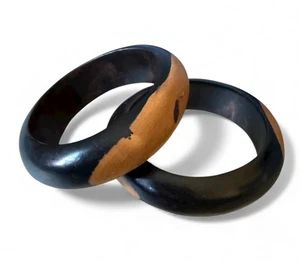 Set Of 2 Ebony Black Wood Bangle Bracelets 2-Tone Inlaid Boho Handmade 0.5"x6" - Picture 1 of 9