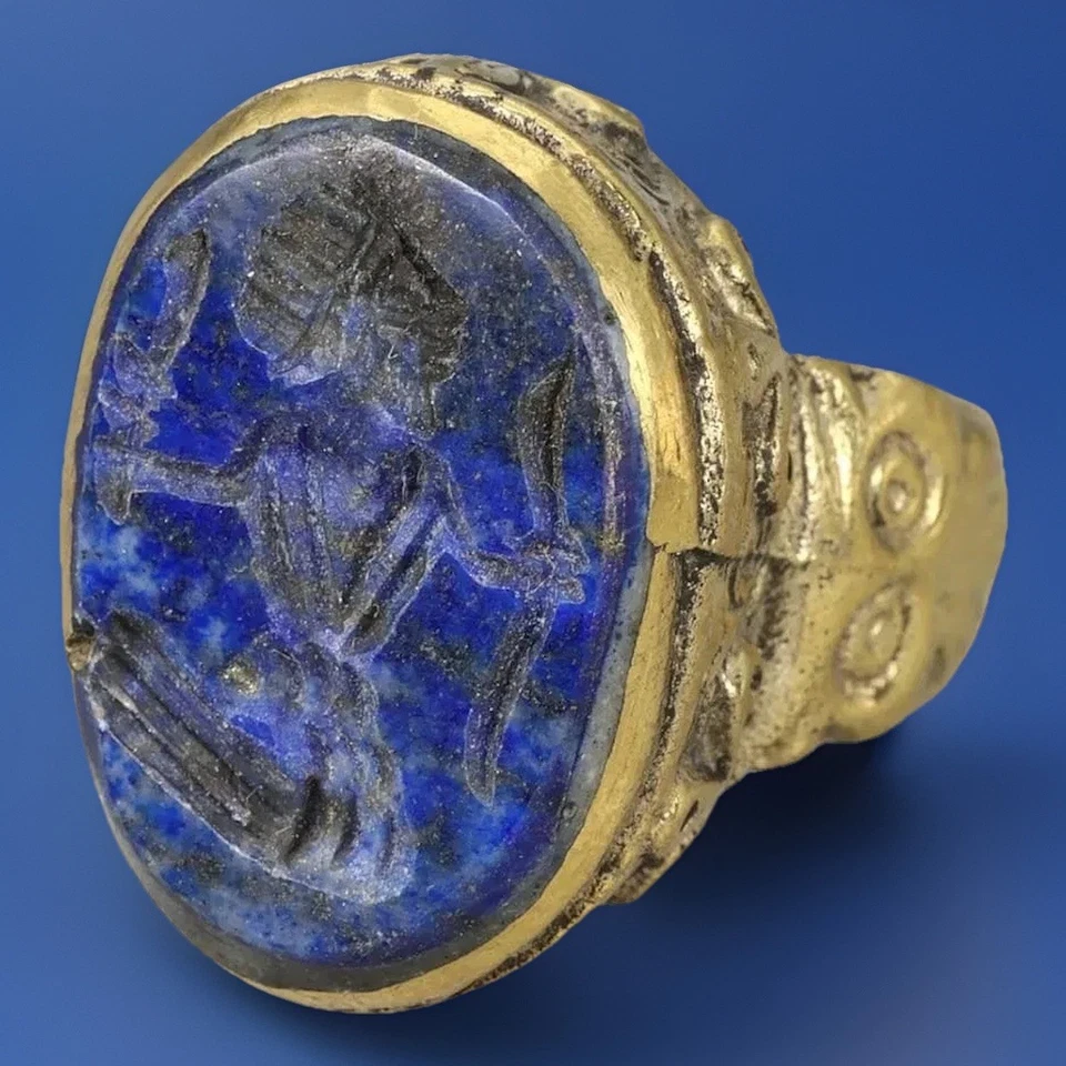 Antique Afghan/Turkmen lapis lazuli intaglio Gold Gilt Ring Sz 8.5 - Image 1 of 4