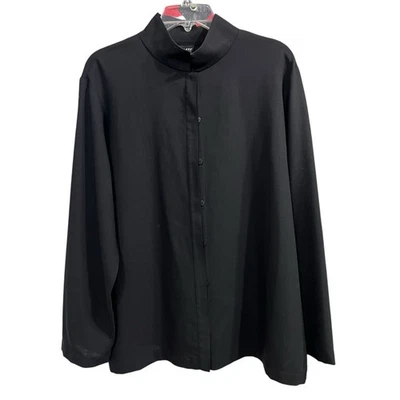 Eileen Fisher Silk Gerogette Crepe Mandarin Collar Shirt Black Size L Wool - Image 1 of 4