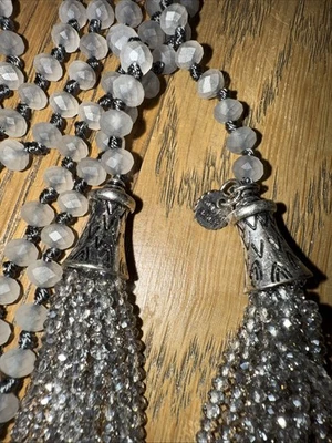 MARLYN SCHIFF Smoke Gray Glass Pendant Tassel long Necklace wrap 60"in. Jewelry - Image 1 of 4