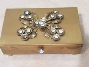 Vintage Brass MCM Footed Hinged Case Decorated W Crystals A Gold Tone Product - Picture 1 of 10