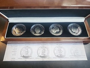 4 PIECE 2013 U.K. SILVER ONE CROWN IN WOOD BOX UNICORN LION DRAGON STAG - Picture 1 of 5