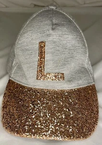 Justice Baseball Hat Girls Gray Rose Gold Glitter Brim Strapback Cap w/ “L” - Picture 1 of 8