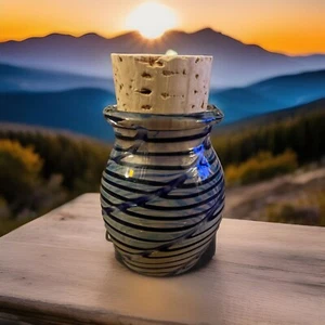Blue Glass Stash Jar with Cork Hand Blown Silver Fumed ~3” Container New - Picture 1 of 9