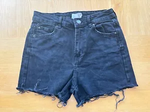 Bershka Black Denim Shorts Distressed Legs Button Closure Womens Size EU 36 Used - Picture 1 of 3