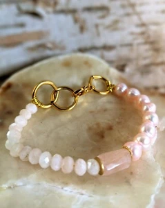 Natural Pink Morganite & Natural Pink Pearls In An Assymetrical Bracelet - Picture 1 of 6