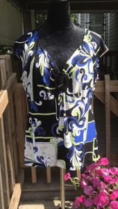 Cato Sz L Empire Buckle Bust Blue Black Green Taupe Floral Deep V-Neck Top - Picture 1 of 12
