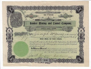 COLORADO 1906 Banker Mining and Tunnel Company Stock Certificate RARE - Picture 1 of 2
