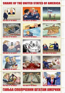 Foglio francobolli Trump vergogna degli Stati Uniti d'America posta gratuita del mondo 2025 - Foto 1 di 1