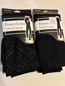 Women's L/XL Black Fleece Lined Fashion Leggings 2 Pr. Pattern and Solid NEW - Picture 1 of 8