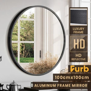 Furb Round Wall Mirror Circle Vanity Mirror Aluminum Frame Black 100cm - Picture 1 of 6