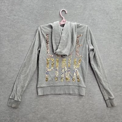 Victoria's Secret ROSA Mujer Sudadera con Capucha XS Gris LOVE Ropa Activa Logo Lentejuelas Foto 1 de 4