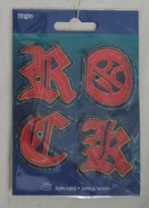 Applique - Iron On - Gothic R.O.C.K - 1 3/4" L x 1 3/4" T - Red Vinyl on Denim - Picture 1 of 1