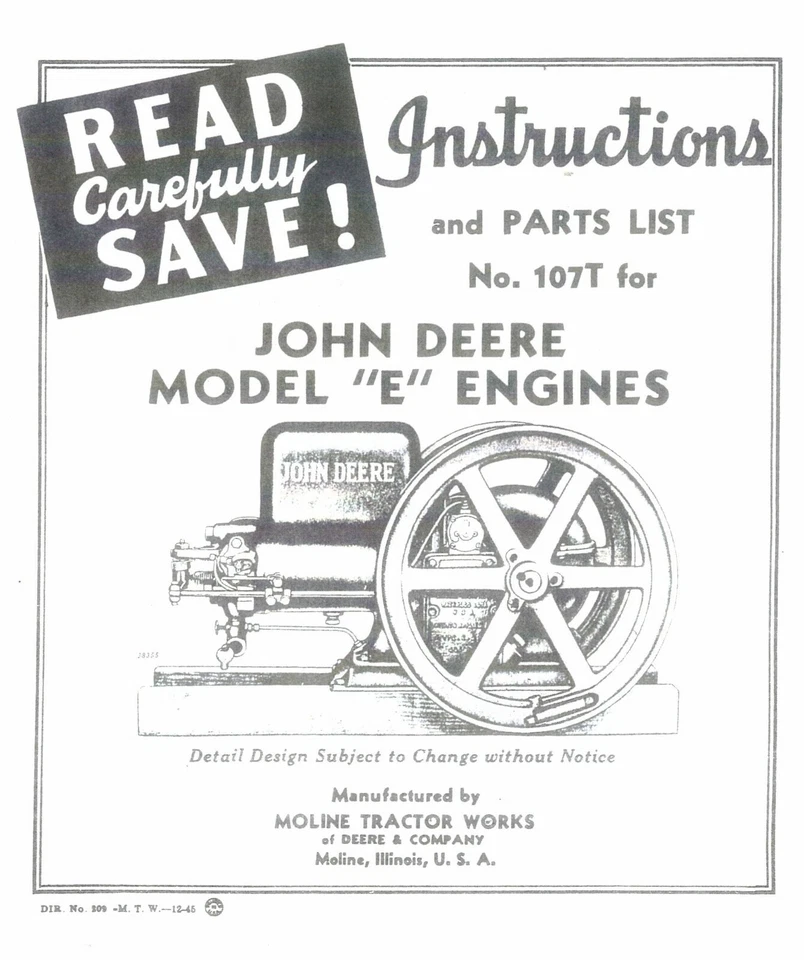 John Deere E hit & miss motor lista de piezas instrucciones libro manual Foto 1 de 1