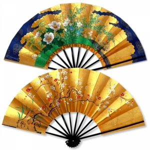 Kyoto Gold Sensu Japanese Bamboo Folding Fan Reversible Plum Fuyo Motif Japan - Picture 1 of 4