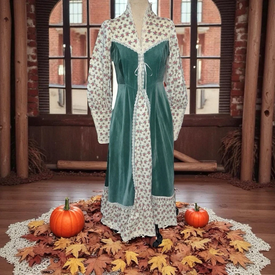 Vestido Corsé Vintage Años 70 Gunne Sax por Jessica Talla 11 Terciopelo Verde Floral Calicó Foto 1 de 4