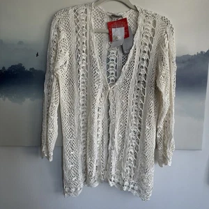 100% viscose Sourh Ivory Crochet women knit Sweater Cardigan Boho / size 12 NEW - Picture 1 of 21