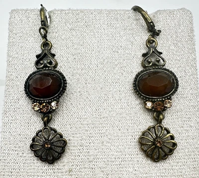 Vintage Lia Sophia Toffee Brown Crystal Dangle Earrings Y2K 90s Victorian - Image 1 of 4
