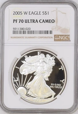 2005 W Proof American Silver Eagle S$1 NGC PF70 Ultra Cameo BOX - Image 1 of 2