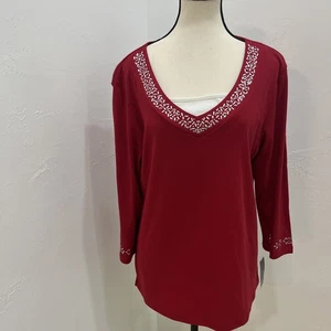 NWT Karen Scott Women's Beaded 3/4 Sleeve V-Neck T-Shirt Red Size L - Picture 1 of 10