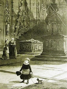 Chiesa TURISTA AMERICANO ALL'ESTERO BAMBINO intimorito nel MUSEO 1878 incisione stampa opaca - Foto 1 di 6