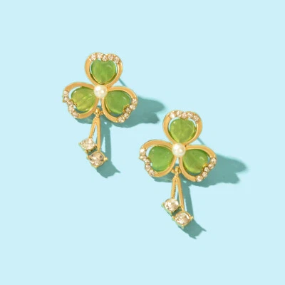 Elegant Jewellery Rhinestone Opal Pearl Decor Green Heart Shamrock Stud Earrings - image 1 of 3