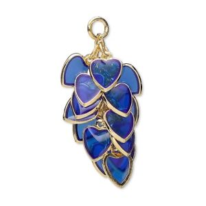 Focal, Charm, 4 Gold Plated Brass & Epoxy Blue Heart Cluster Drops (60 Charms) *