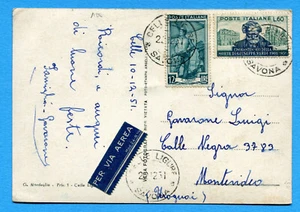 ITALY - 1951 VERDI £.60 + LAVORO £.12 da CELLE LIGURE x URUGUAY (21-0010-121) - Picture 1 of 2