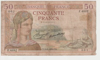 1936  France  50 Francs Banknote - P# 81 - Good - # 31491 - image 1 of 2