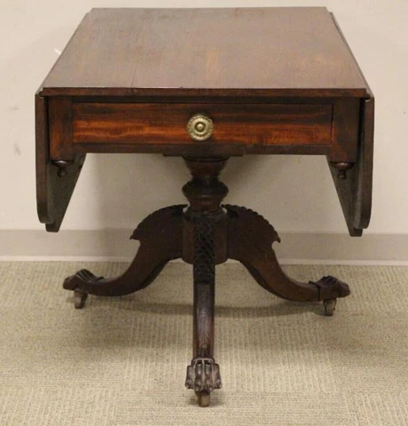 Early 19th Century Federal Period Mahogany Drop Side Carved Table Drawer Brass Cover