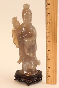 8in+ Carved Agate Hardstone Figurine of Kwan Yin & Wood Stand NO RESERVE
