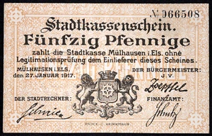 MÜLHAUSEN / MULHOUSE 1917 50 Pfennig WWI German Notgeld France Alsace Elsass - Picture 1 of 2