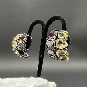 IRADJ MOINI Aged Gold-Tone Ruby Glass w/Semi-Precious Stones Clip On Earrings - Picture 1 of 8