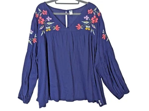 Old Navy Top Women size XXL Blue Ornate Floral Boxy Bohemian Country Prairie - Picture 1 of 9