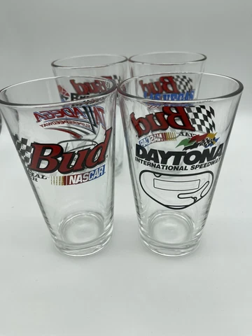 Vintage BUD Official Beer NASCAR Heavy Pint Glass Set(4) Daytona International Cover