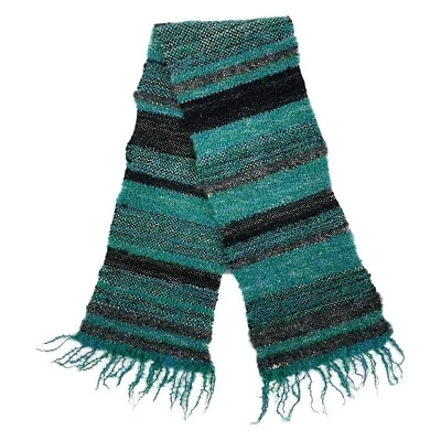 Bufanda vintage tejida a mano verde azulado profundo negra tejida apretada flecos oblongos 10 x 48 pulgadas Foto 1 de 4