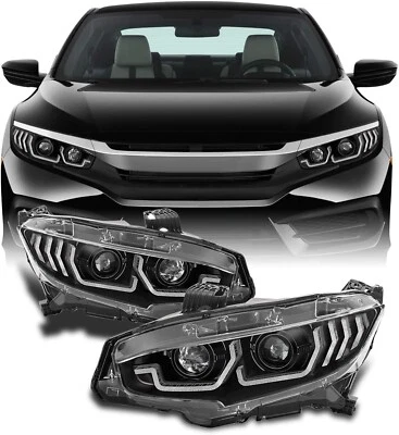 Fits 2016-2021 Honda Civic Black LED Tube Sequential Signal Projector Headlights - Image 1 of 4